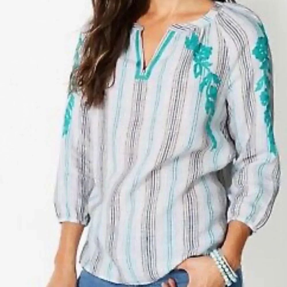 J. jill linen striped embroidered floral notch neck blouse